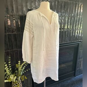 NILI LOTAN size S 100% Linen Dress Crochet Smocked Detail 3/4 slv Tie Neck